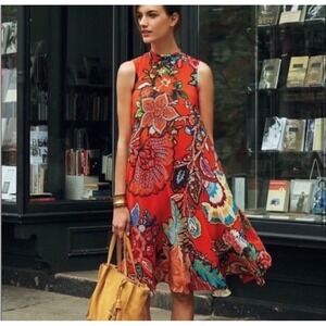 Maeve Orange Floral Print Sleeveless Mock Neck Midi Dress Women's Small